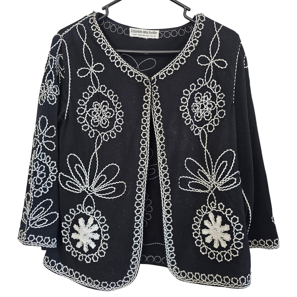 Lauren Michelle Black White Floral Embroidered Open Front Cardigan Jacket Coat
